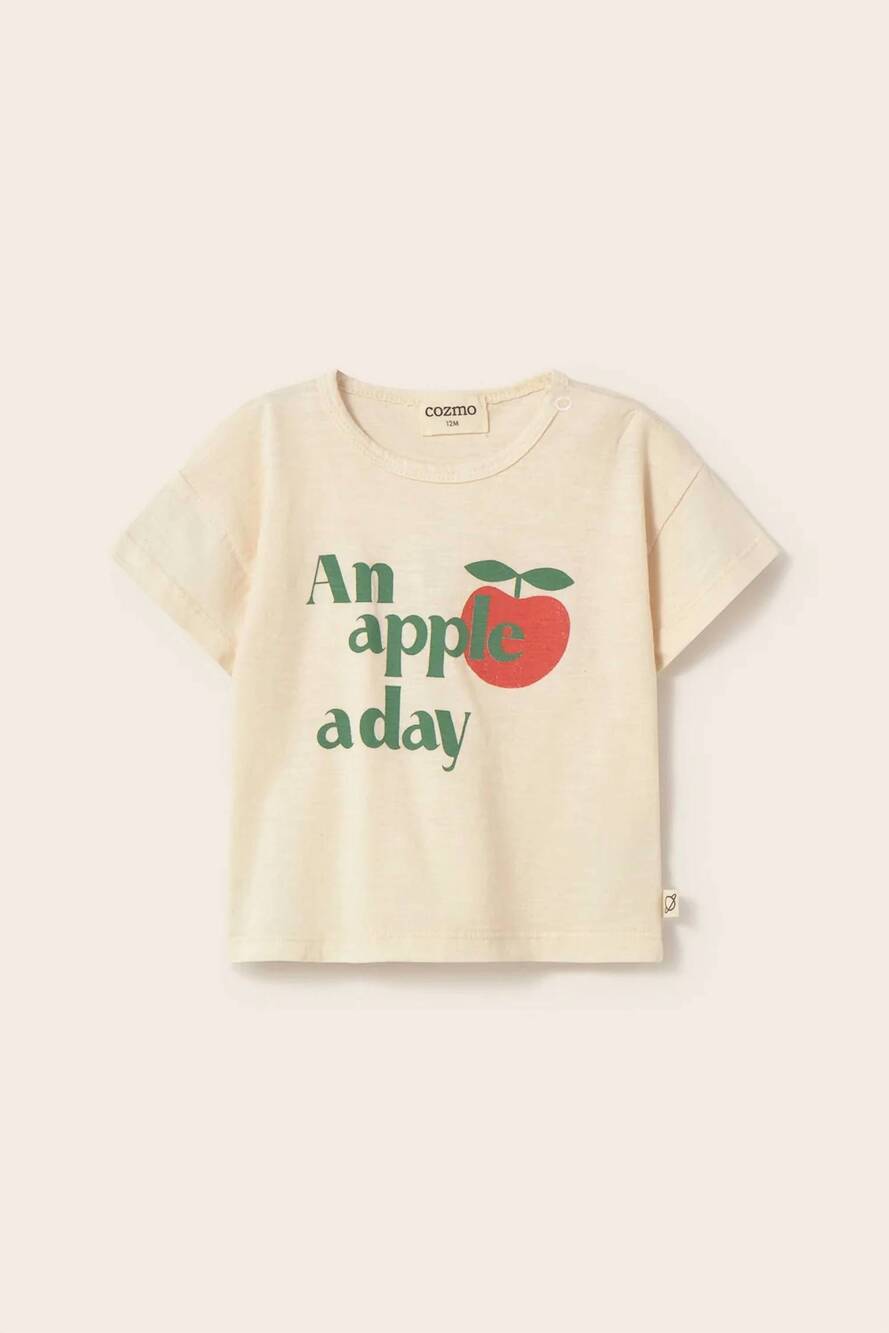 NEW MY LITTLE COZMO boys soft slub cotton apple print t- shirt in ivory